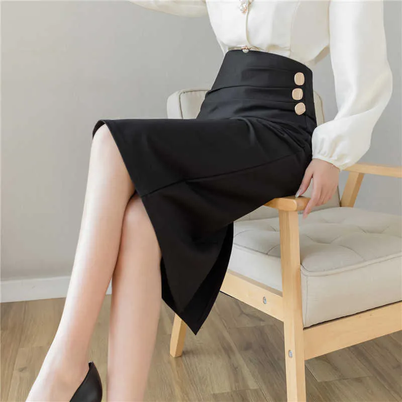 Aelegantmis Oficina coreana señora Bodycon Falda Mujer Casual Cintura alta Mujer Vintage Sólido Negro Media pantorrilla Chic OL 210607