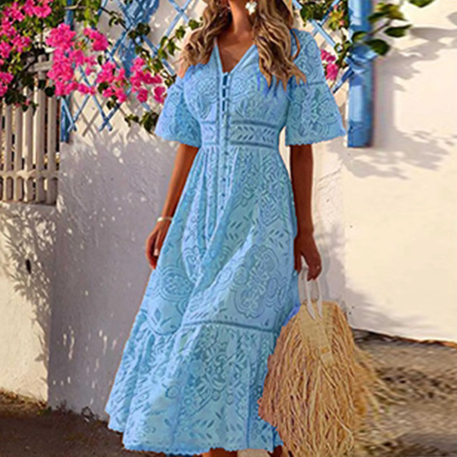 Sexy Bohemian Maxi Dresses For Women Lace Long Sleeve V Neck Boho Swing Dresses Long Cocktail Prom Gown Party Dress Robe Femme Q072713294