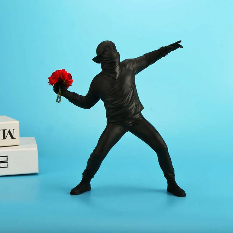 Resin Statues Sculptures Banksy Flower Thrower Statue Bomber Home Decoration Accessories Modern Ornaments Figurine Collectible 210827