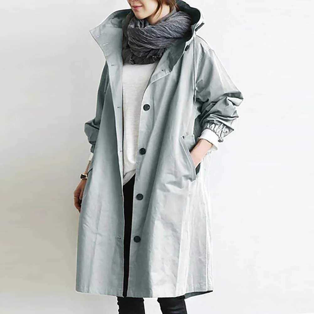 Kobiety Jesień Solidna Kieszeń Kieszonkowy Kapturz Wiatrówka Długi Trench Coat Outerwear Odzież damska Femme Veste 210914