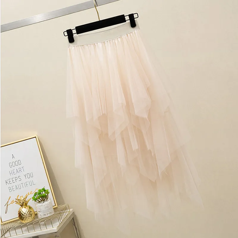 FTLZZ Tulle Skirts Women High Waist Mesh Skirt Hem Asymmetrical Pleated Midi Skirt Female Black Pink Summer Midcalf Skirts 210311