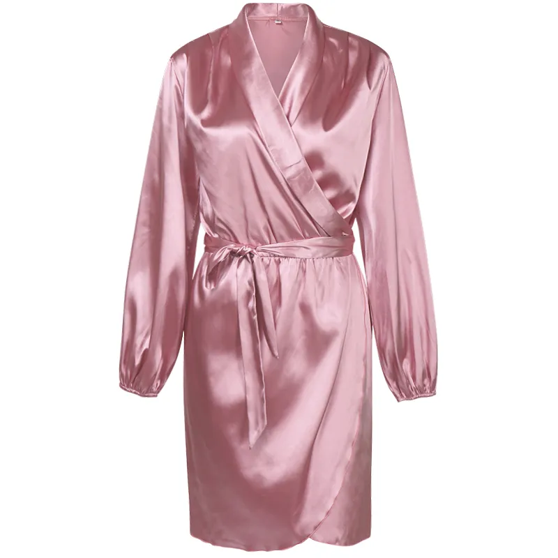 Femmes Satin Col V Cou Lanterne Housse Robe Élégante Taille élastique Sashes Mini Fête Robe 2021 Spring Casual Fashion Office Robes de bureau