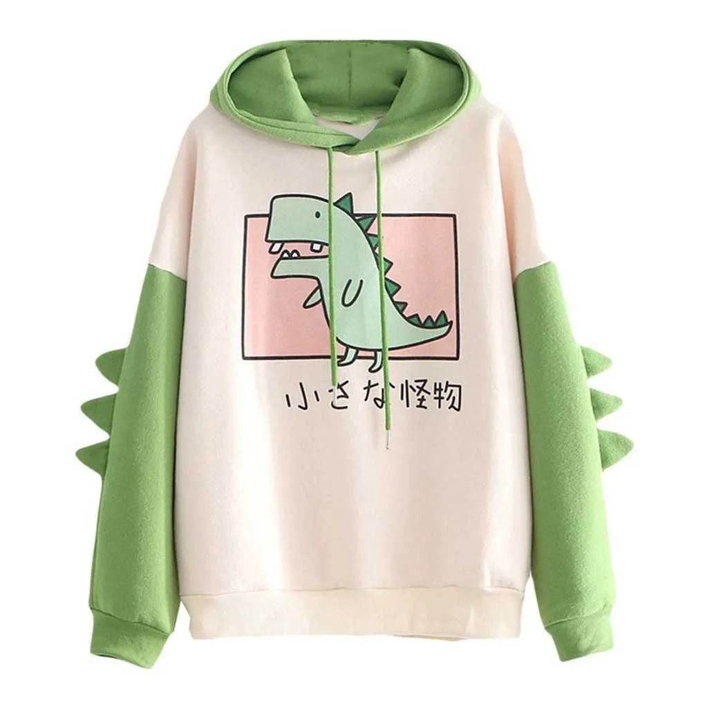 Sondr Cute Cartoon Fashion Women Bluza Dorywczo Druku Długi Rękaw Splice Dinozaur Bluzy Topy Ropa Mujer 210805