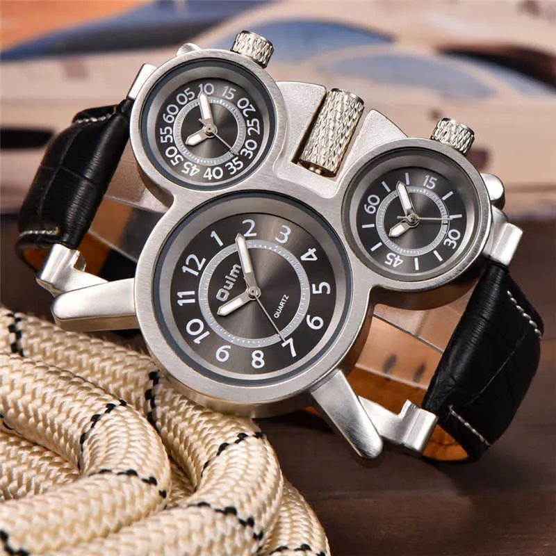 Oulm hommes montres à Quartz 3 fuseaux horaires horloge voyage en plein air montre-bracelet décontractée marque de luxe mâle montre en cuir véritable G1022
