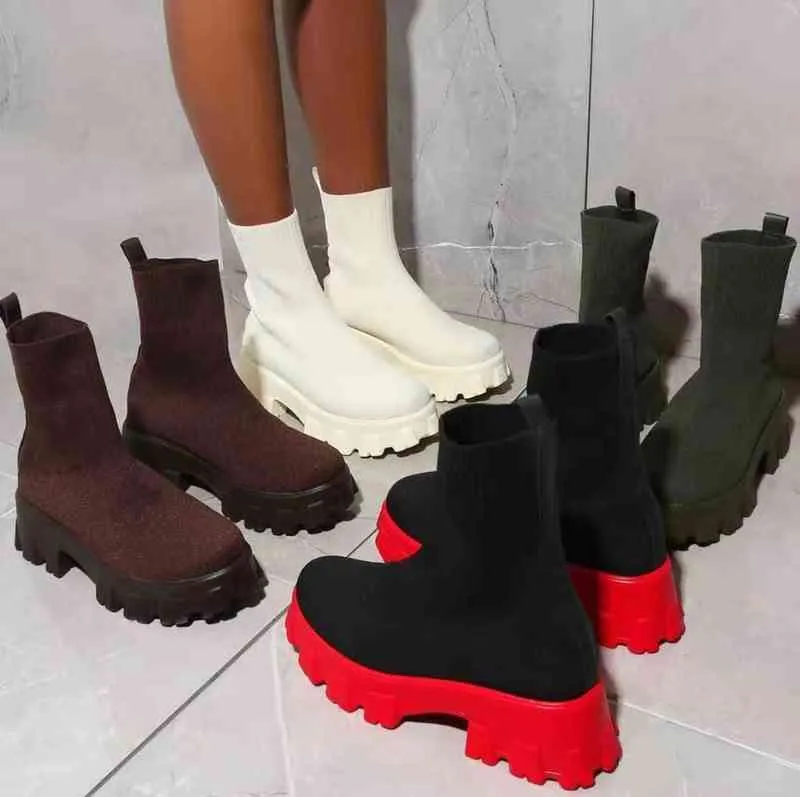 Calcetines nuevos de otoño, zapatos de mujer, tela elástica, botas de plataforma informales a media pantorrilla, botas cortas de punto rojo de red, botines de talla grande para mujer Y1108