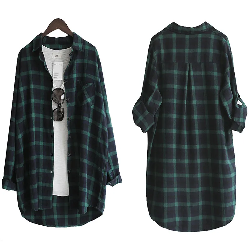 Women Blouse Shirt Loose Casual Plaid Shirts Long Sleeve Large Size Tops Blouses Red Green 220217