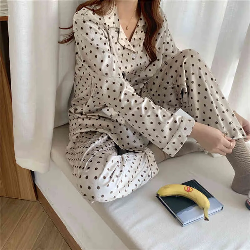 Deux pièces costume à pois impression vêtements de nuit doux doux décontracté Homewear élégant lâche mode maison pyjamas ensembles 210525