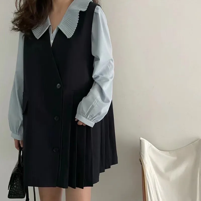 Loose Fashion Elegant Solid Office Lady Shirts Vintage High Quality Chic Mini Dress Two Piece Sets Suits 210525