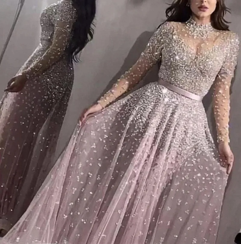 Luxury Blush Pink Prom Dresses High Neck A Line Sequined Pärled Crystals Floral Applique Wateau Train Rhinestone Formell Evening Party G 271f