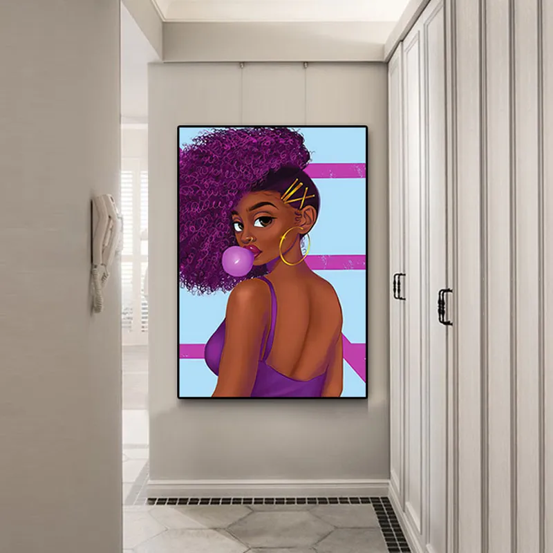 Blow Bubbles Black Girl Canvas Painting Purple Wall Art Poster Stampe Immagini di decorazione della stanza in stile scandinavo Frameless
