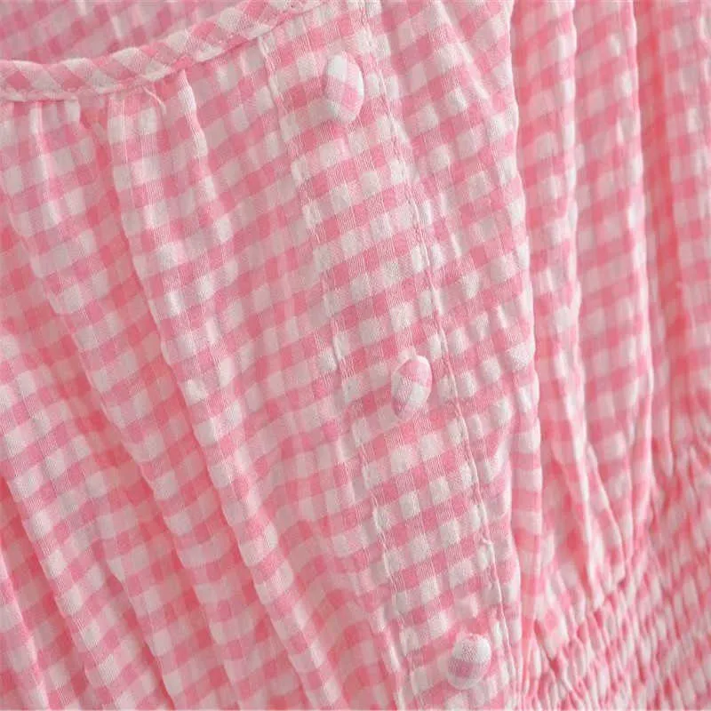 Za Pink Gingham Langes Kleid Damen gesmokt, elastisch, plissiert, elegante Partykleider, ärmellos, Träger, Vintage-Sommerkleid 210602
