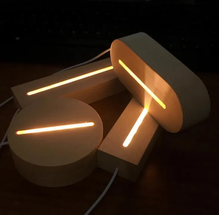 Decoração de festa LED cabo USB de madeira sólida luz noturna 3D suporte branco quente lâmpada de madeira redondo oval base de formato de retângulo sn205t