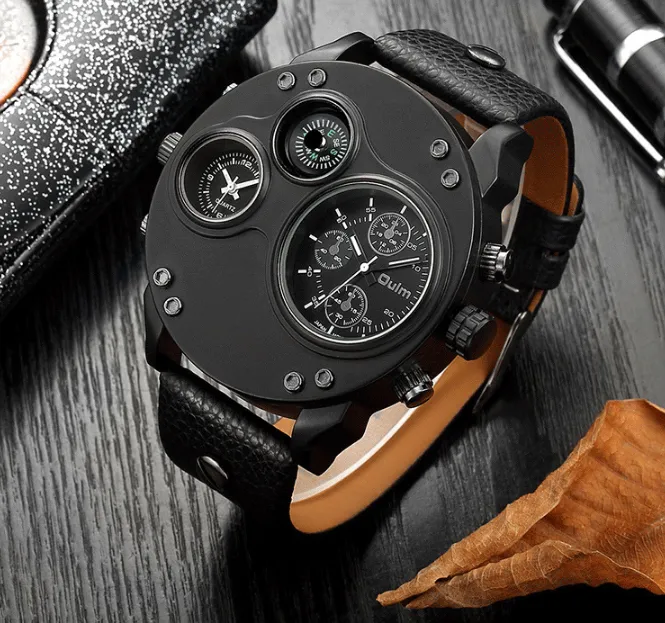 Oulm merk horloge gladde glans beroemdheid kwaliteit trendy quartz horloge kompas herenhorloges dubbele tijdzone grote wijzerplaat mannelijk Wris243h