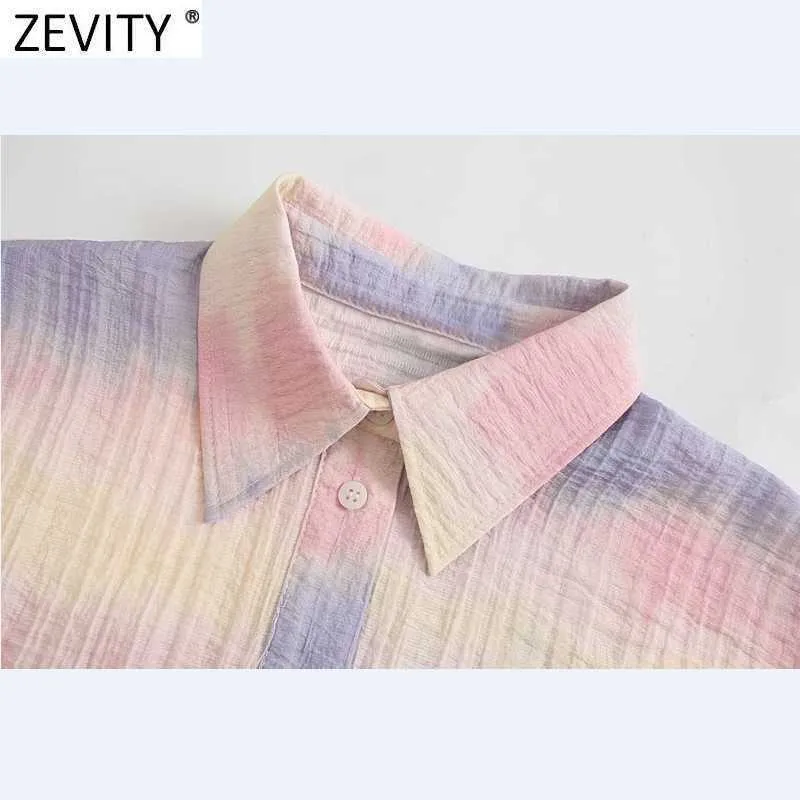 Zevity Women Sweet Gradiant Colorful Tie Dyed Print Casual Short Shirt Female Short Sleeve Kimono Blouse Roupas Chic Tops LS9068 210603