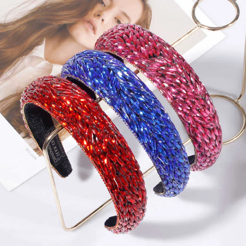 Mavi Rosy Beyaz Kırmızı Moda Kadınlar Için Tam Rhinestone Bantlar Sparkly Sünger Hairband Barok Yastıklı Band Saç Aksesuarları X0722