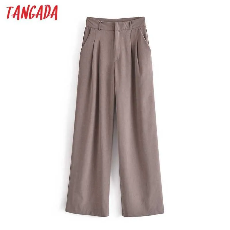 Tangada Mode Frauen Boyfriend-Stil Lange Anzug Hosen Hosen Taschen Knöpfe Büro Dame Hosen Pantalon JE11 210609