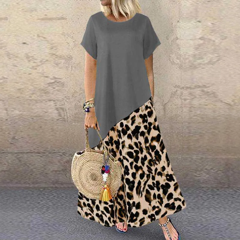 ザンジー2021夏のヒョウマキジドレスファッション女性の印刷されたSundress半袖パッチワークvestidosカジュアルローブY0823