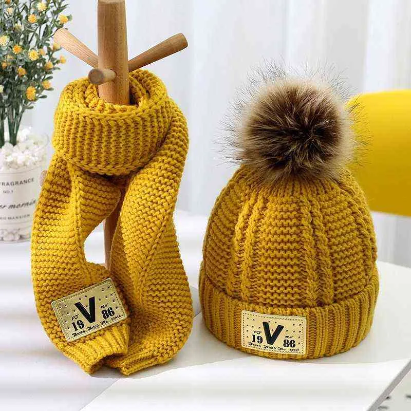 Детская шляпа и шарф комплект комбинации мальчики девушки милый толстый стиль осень зима теплый вязание шеи шеи 2111126
