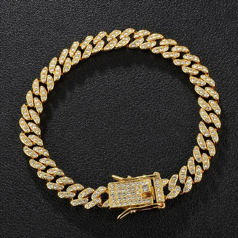 Hip Hop Bling 8mm Miami Cuban Chain Late Men's Rhinestone Cyrkon Brukowane bransoletki dla mężczyzn Kobiety Biżuteria