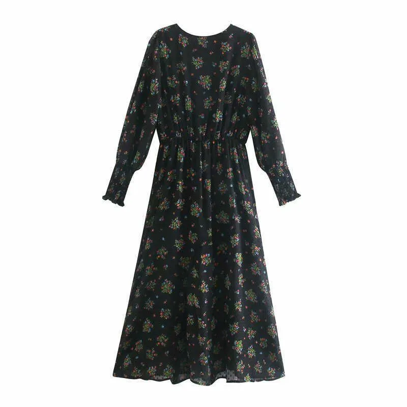 Za Punkt Mesh Langes Kleid Frauen Elegante Blumendruck Langarm Party Kleider Elastische Taille Weibliche Black Tüll Midi Kleid 210602