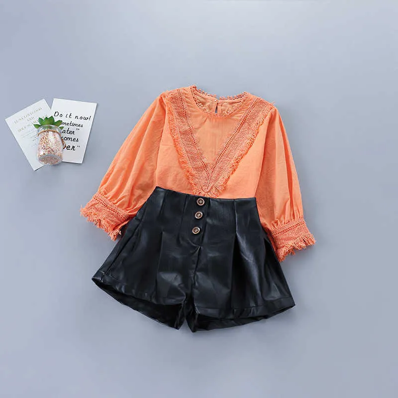 2-7 years high quality girl clothing set autumn fashion casual orange solid shirt + leather pant kid children 210615