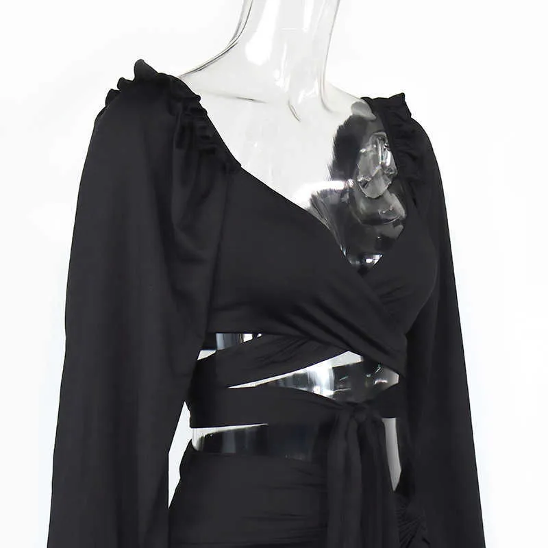 DEAT Spring Arrivals Long Sleeve V-neck Lace Up Top High Waist Split Fashion Women Long Dress Two Piece Set MZ894 210709