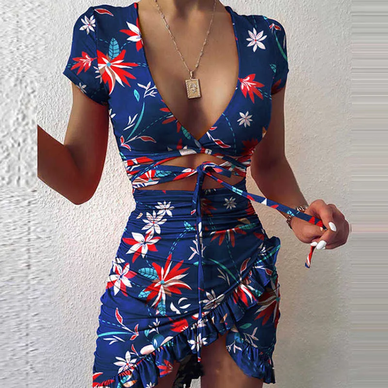 2021 New High-Waist V-Neck Hollow Lace-Up Lotus Leaf Print Sexy Lrregular Hip Bag Slim Short-Sleeved Dress X0705