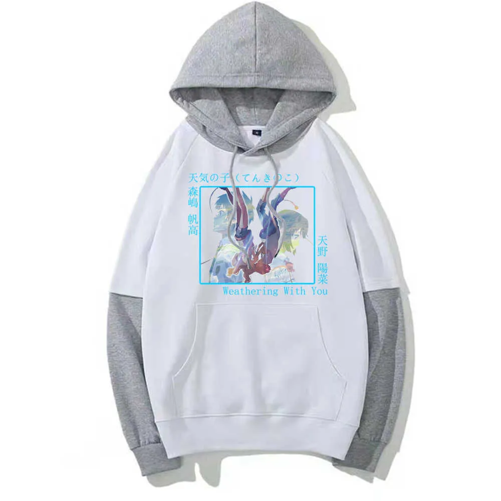 2021 Japan Weathering With You Cute Amano Print Loog Sleeve Fake Två bitar Hoodie Sweatshirt Enkel klassiker H0910