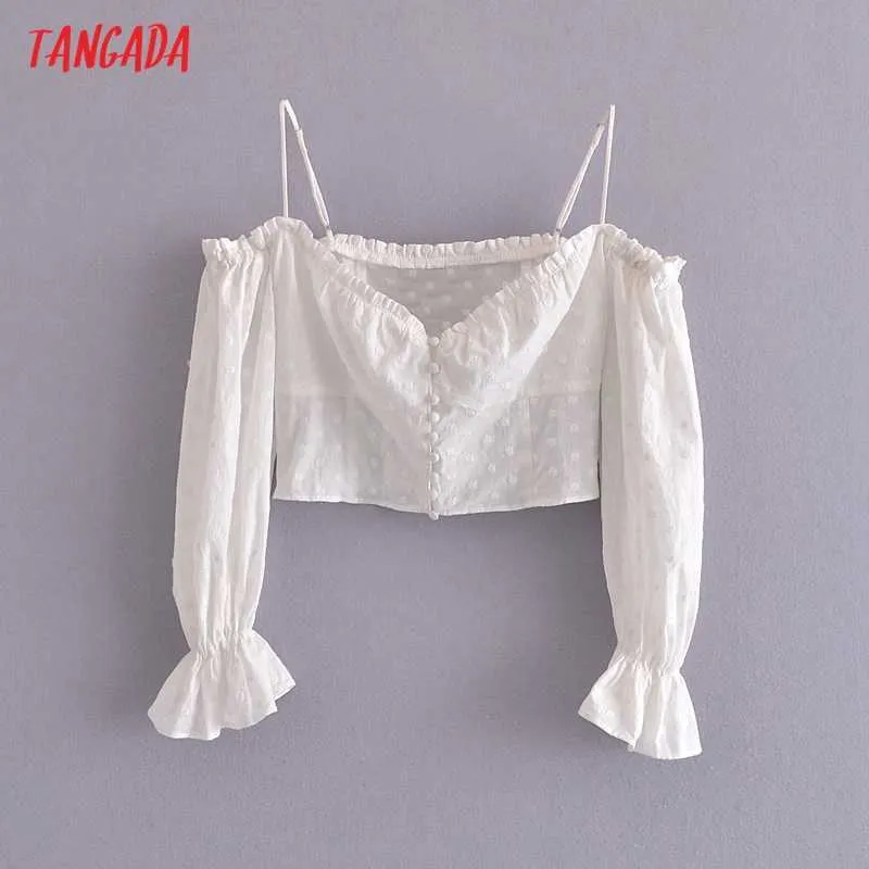 Tangada, blusa romántica con bordado Retro para mujer, camisa elegante con hombros descubiertos de manga larga para mujer, Tops QN117 210609