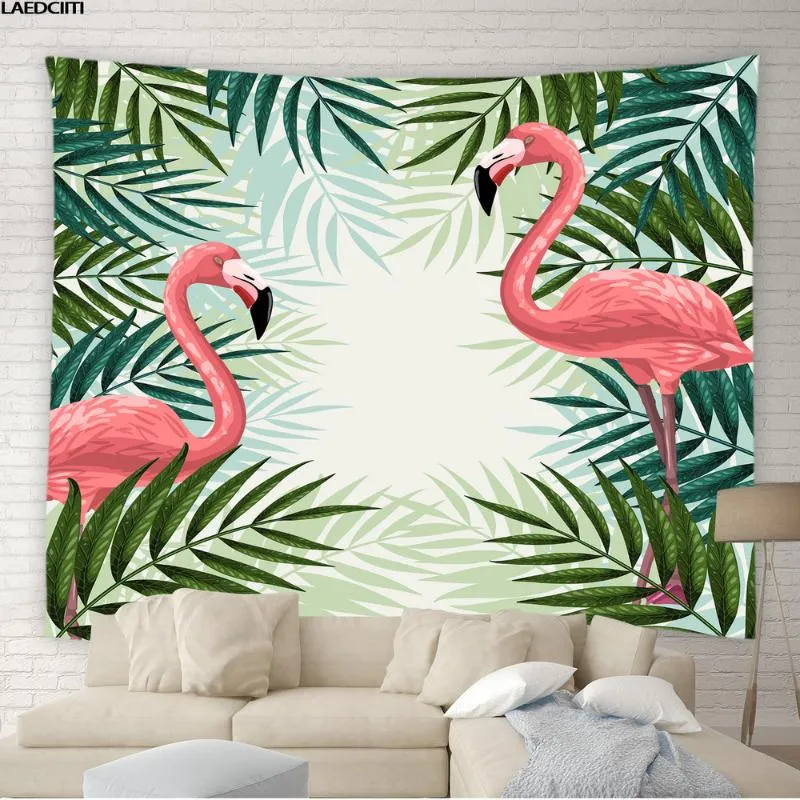 Tapisserier Tropiska gröna växter Tapestry Böhmen vägg hängande palmträd blad banan flamingo djur bakgrund tyg sovrum hem259h