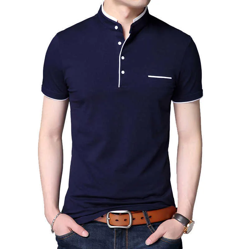 Browon мода мужская футболка лето с коротким рукавом стойки воротник сплошные тонкие хлопковые топы футболки плюс размер 5xL 210629
