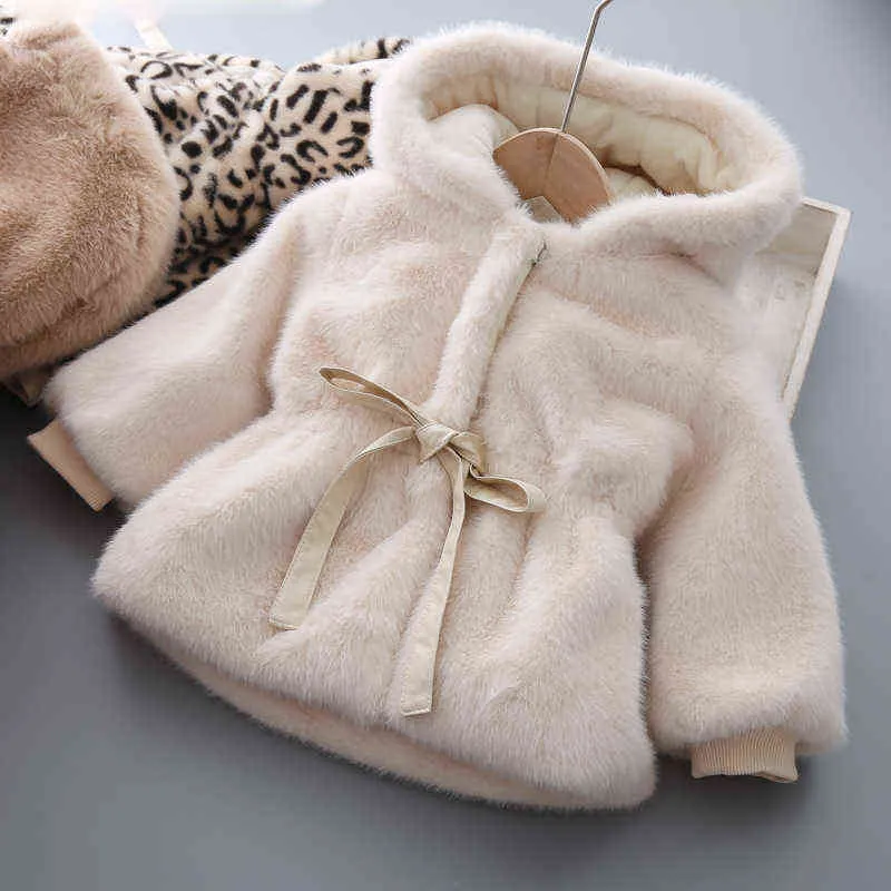 Veste en peluche à capuche pour filles Enfants chauds pour enfants Garçons Vêtements d'hiver pour bébés Manteau moelleux en plein air Cravate Bow 211204