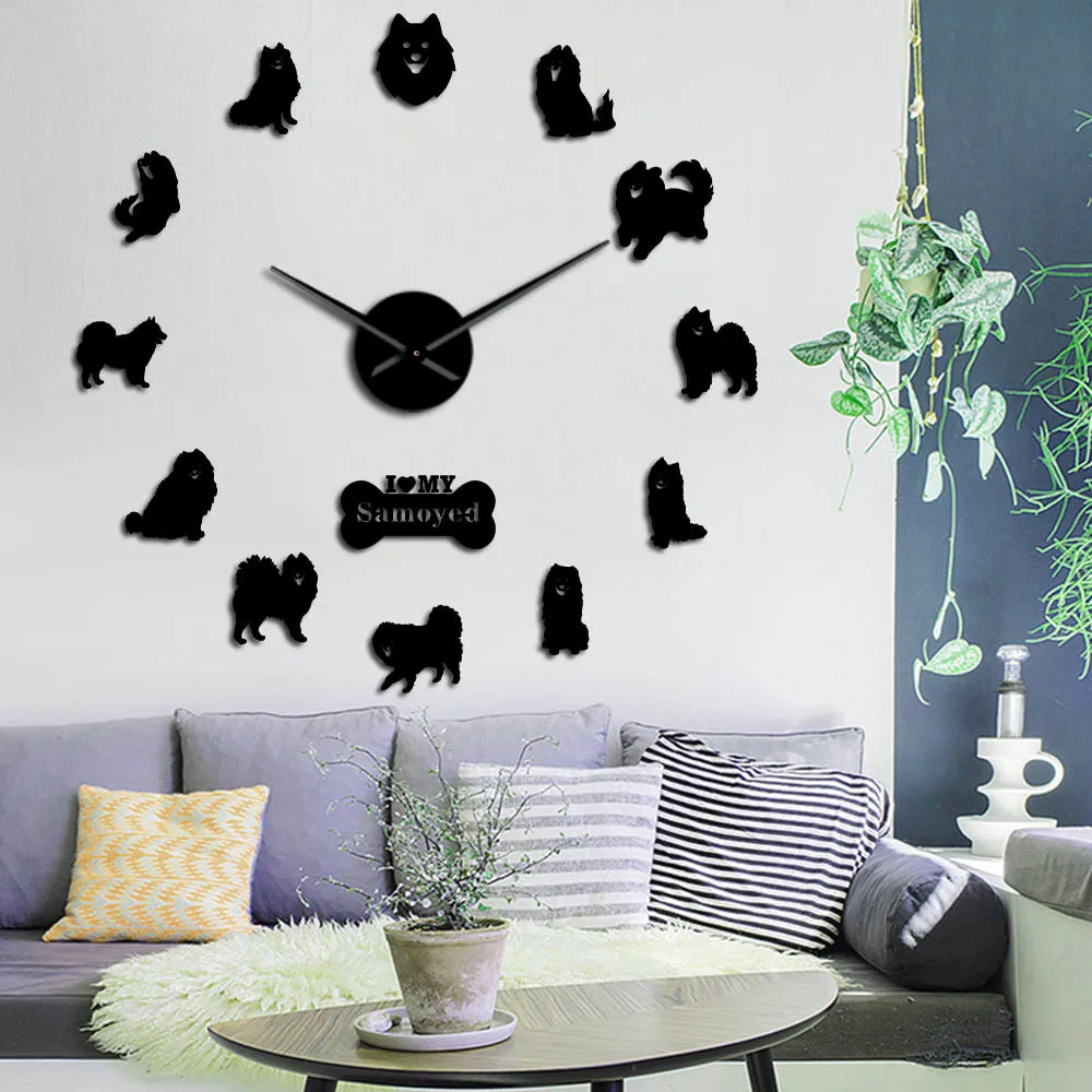 Samoyed Dog Breed Portrait DIY BIG Wall Clock Frameless Puppy Pet Acrylic Mirror Surface Wall Sticker Mute Wall Watch Home Decor 210309