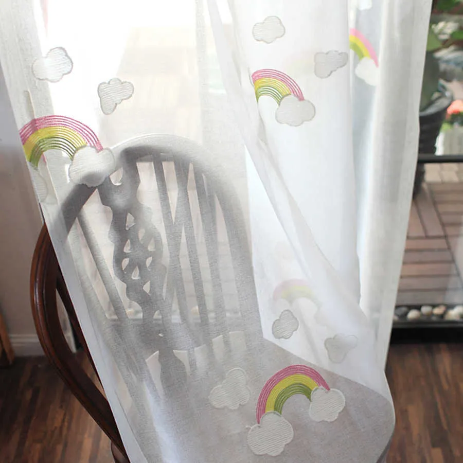 Korean Embroidered White Cloud and Rainbow Sheer Window Bedroom Curtain Cotton Flax Panels Tulle Voile for Living room MY036#5 210712
