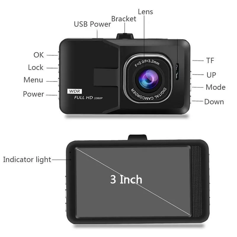 Full HD 1080p Dash Cam Recorder Körning för bil DVR-kamera 3 