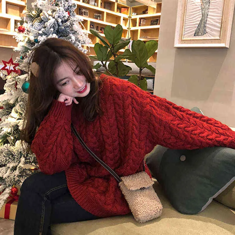 Femmes chandails rouges lâche manches longues o-cou d'automne hiver pull-hiver tricotwear tops de style coréen cavalier vintage simple rétro y1110