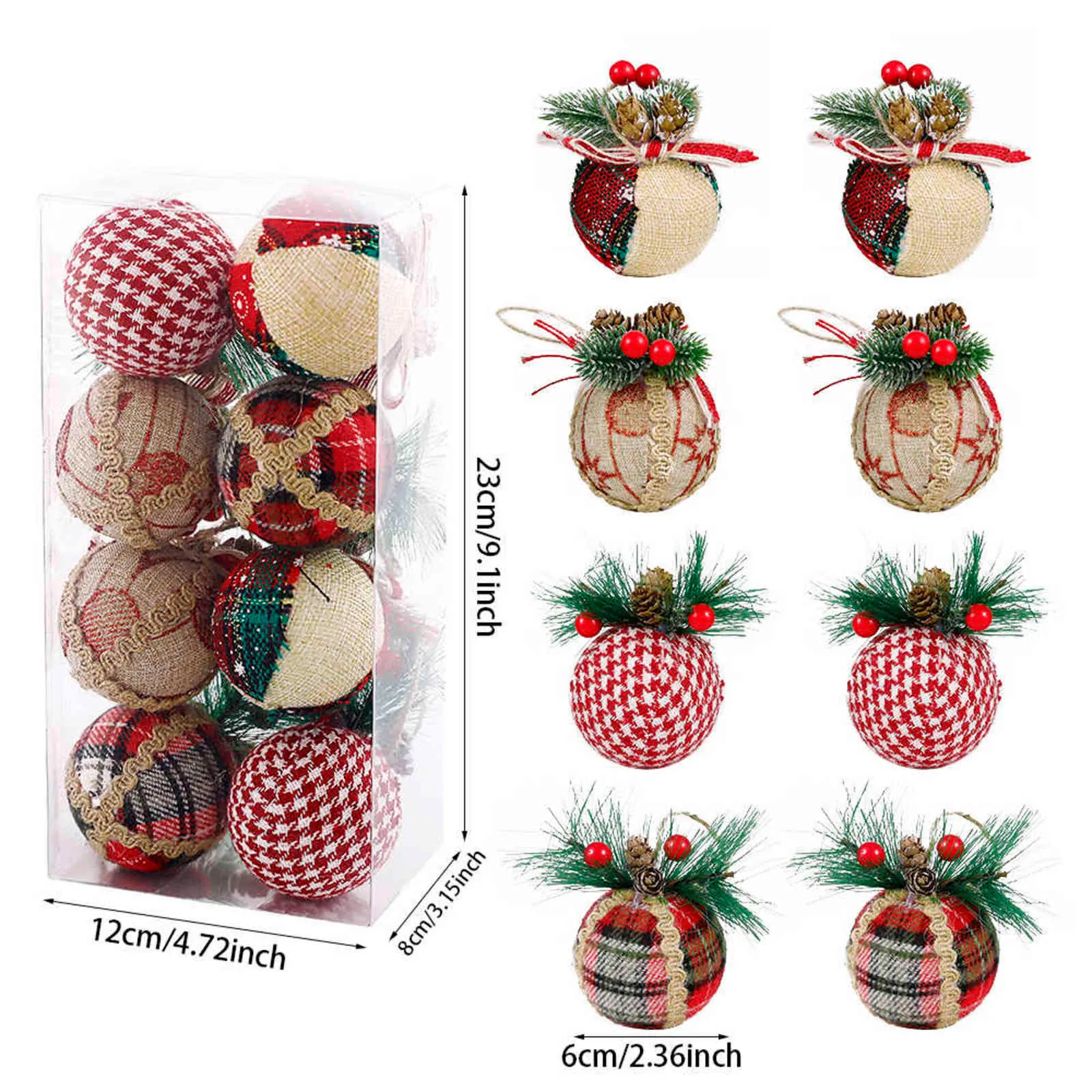 松のコーンウールの装飾のぶら下がっているボールと灰色の赤い緑の格子縞のパターンぶら下がっているボール素朴なクリスマスツリーの装飾ペンダント211104