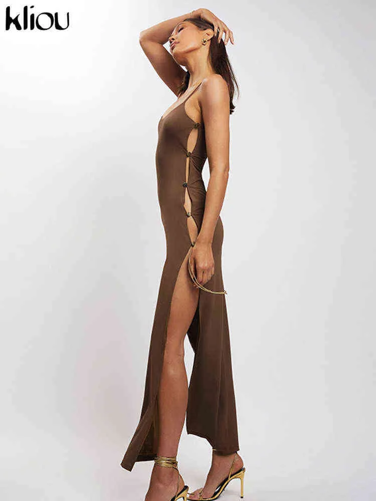Kliou Side Split Maxiドレス女性エレガントな居心地の良いソリッドサイドボタンユニークなカミソールローブノースリーブ中空アウトハイストリートウェアJURK Y1204