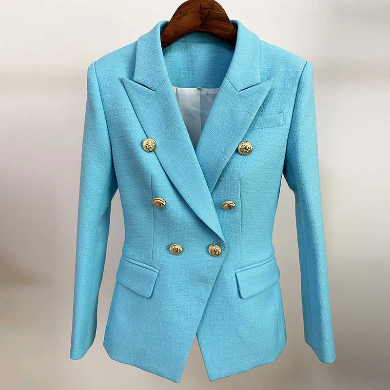 Costume de bureau haut de gamme pour femmes d'automne et d'hiver Veste bleue Tempérament Slim Metal Double boutonnage Blazer 210527