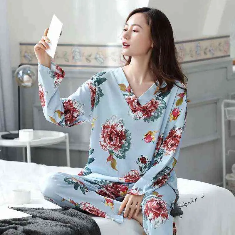 Плюс размер 4XL Pajamas наборы для женщин Pajama с длинным рукавом хлопчатобумажные кухонные одежды женская зимняя весна Pajamas домашняя одежда домашняя одежда 211212