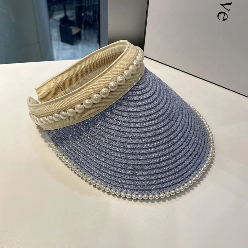 Cappelli da donna con visiera parasole con perle fatte a mano da spiaggia, pieghevoli, pieghevoli, a tesa larga, in paglia estiva, da indossare le donne