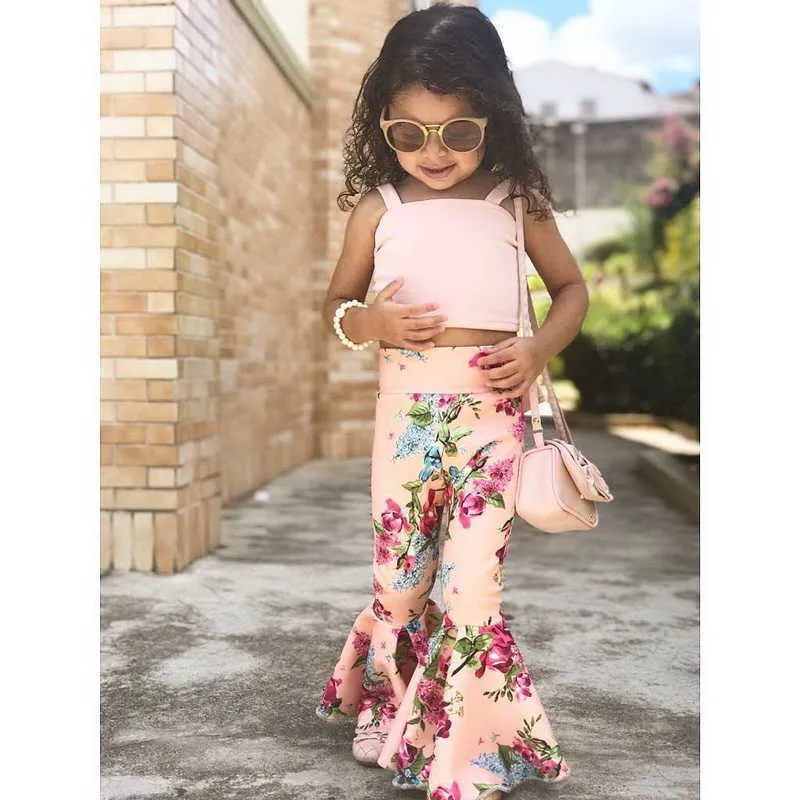 Retail Summer Baby Girl Sets Cute Tops +Flared Pants Bell Bottom Floral Print Fashion Outfits E94014 210610