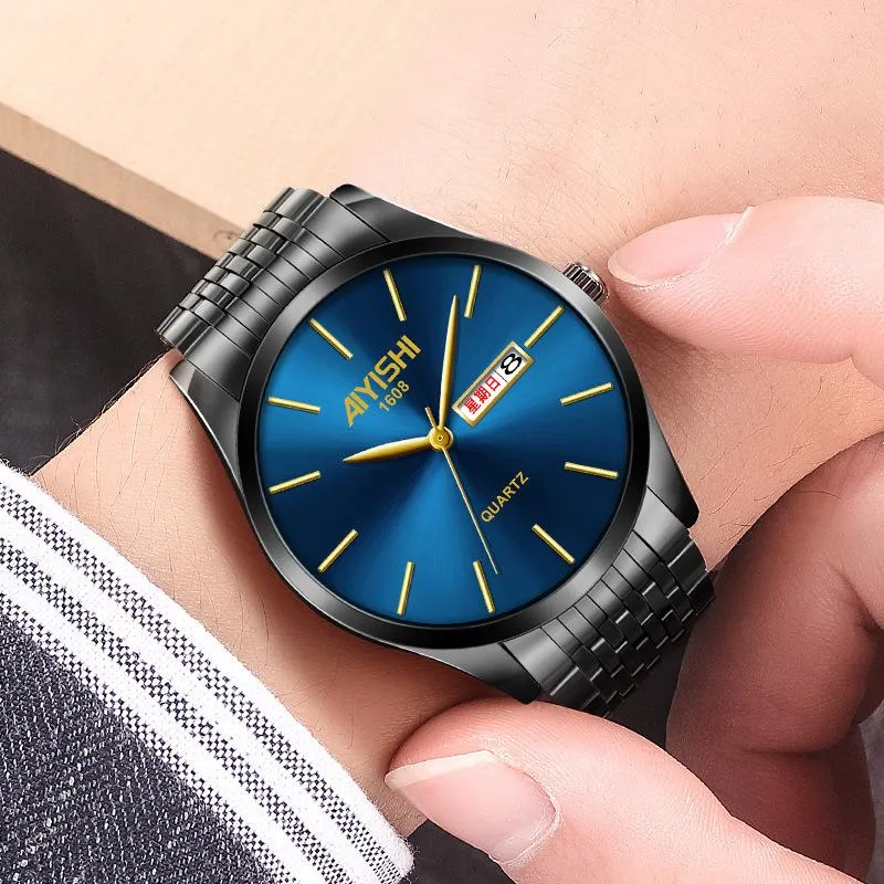 Armbanduhren Coole Matte Schwarz Blau Stahl Uhr Männer Auto Datum Woche Funktionelle Business Armbanduhr Für Mann 2021 Uhren Top253E
