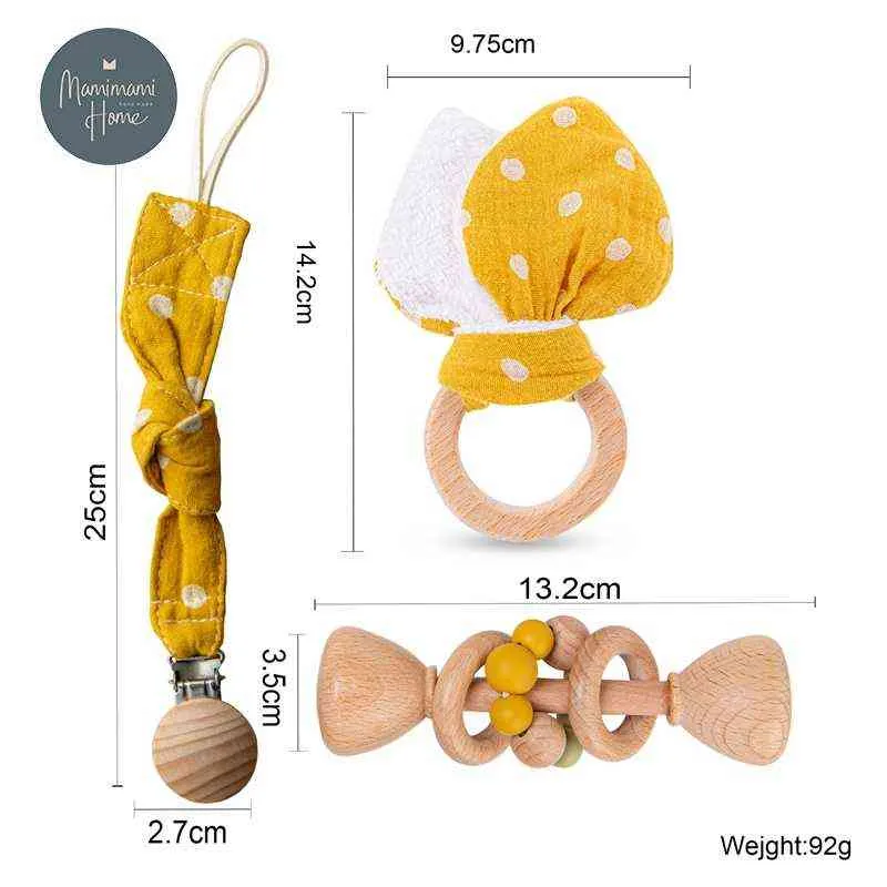 1 uppsättning baby gåvor bomull pacifier clips chain book trä ringar gnagare spädbarn rattles våg punkt kanin öra baby tennprodukt 211117