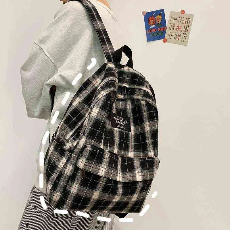 Studenten Rucksack Frauen Plaid Muster Schule Tasche Leinwand Softback Campus Stil Rucksack Reise Rucksack Weibliche Rucksäcke Damen Y1105