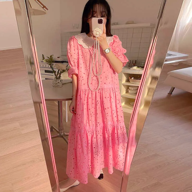 Korejpaa Kobiety Dress Summer Koreański Chic Girl Western Style Redukcja Wieku Kołnierz Dollowy Hollow Koronkowy Rękaw Puffowy Wzburzyć Vestidos 210526