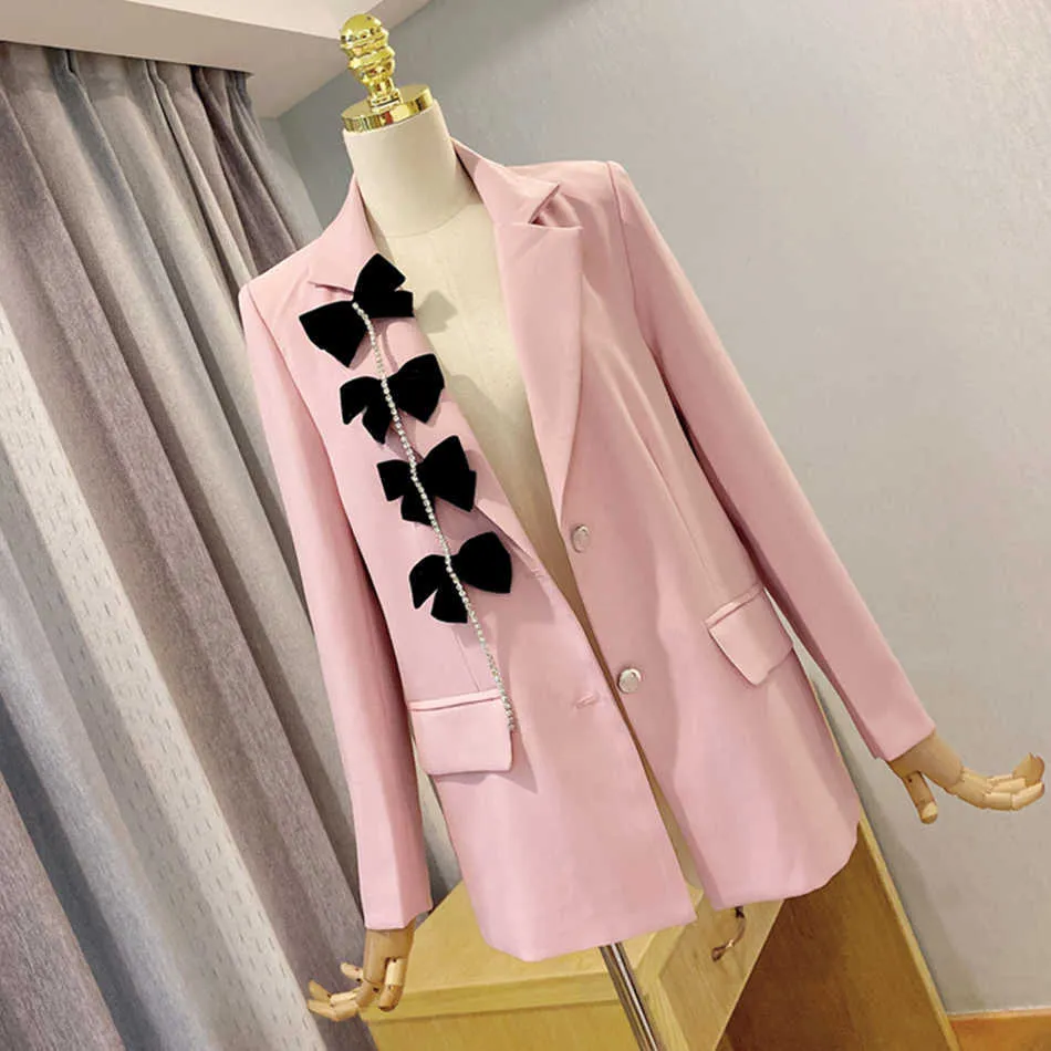 Mode Designer Blazer Jacket Ladies Silver Buckle Bow High Quality V-Neck Sexig Rosa Vit 210527