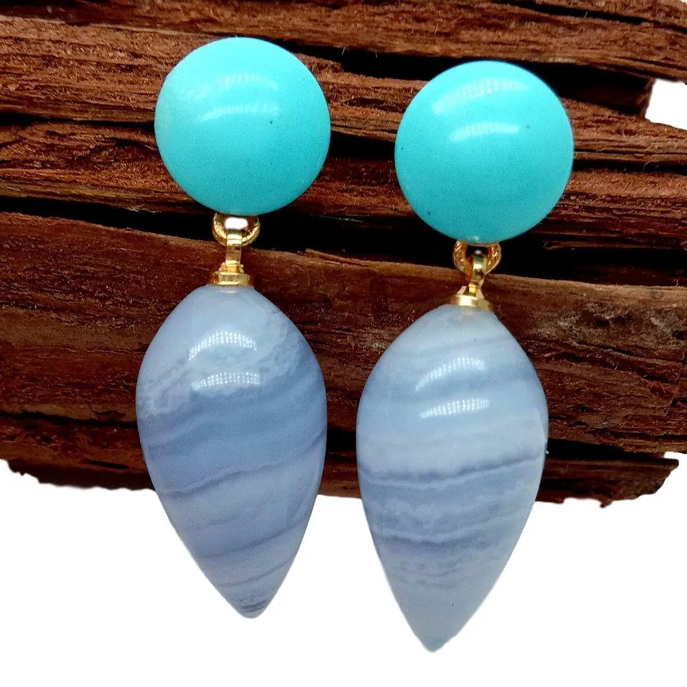 YYGEM Natural Teardrop Blue Lace Agate Chalcedony Coin Turquoise Stud Earrings Office style for women