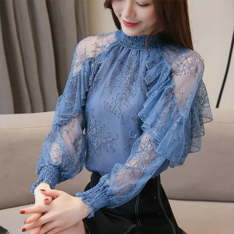 Fashion Womens Tops and Blouses See Through Lace Shirts Women Wild Ruffled Chiffon Women's Blouse Vintage Top Female 210226