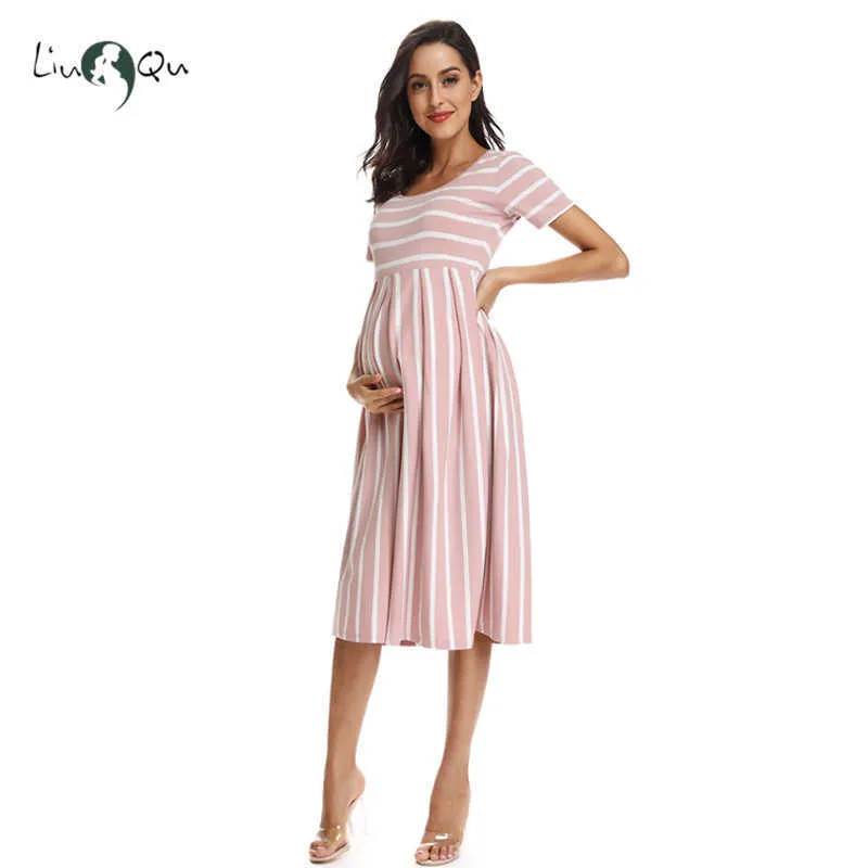 Femmes Summer Casual Rayé Robes de maternité Vêtements à manches courtes Longueur au genou Robe de grossesse Session plissée Baby Shower Rose 210922